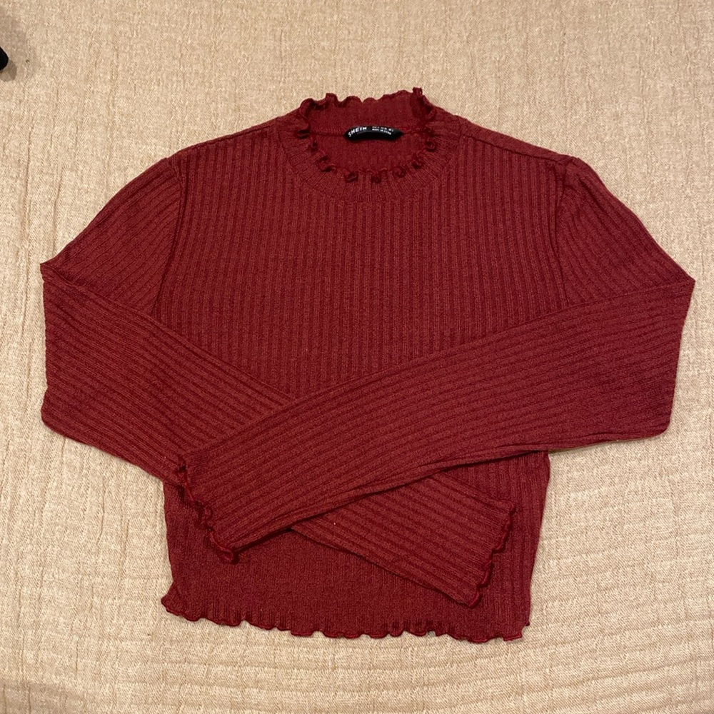 Cropped, long sleeve, burgundy colored top from SHEIN